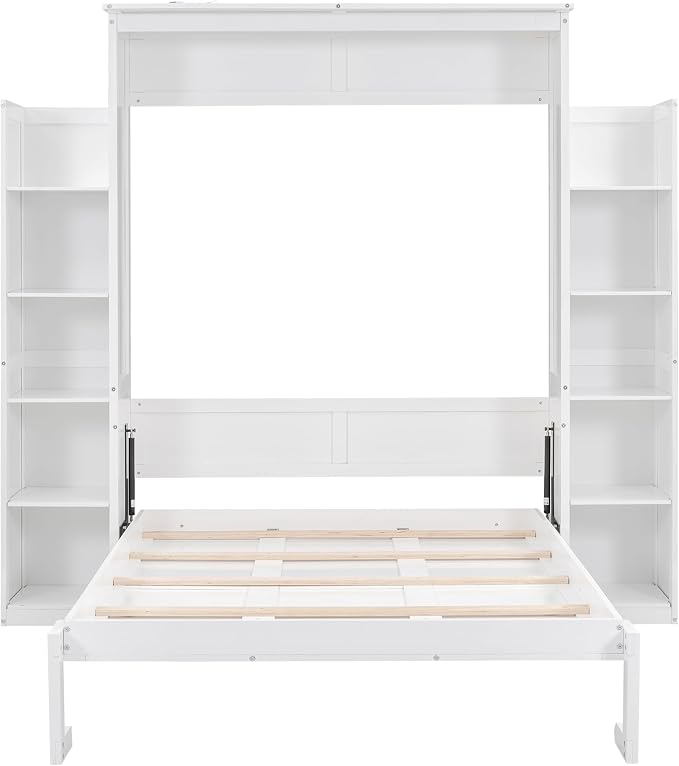 MERITLINE Full Murphy Bed Kit with Storage 8 Shelves and LED Lights, Wood Murphy Bed Cabinet Murphy Bed in a Cabinet White Murphy Wall Bed Units Full Size, LP00069
