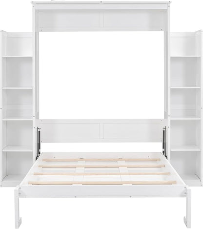 MERITLINE Full Murphy Bed Kit with Storage 8 Shelves and LED Lights, Wood Murphy Bed Cabinet Murphy Bed in a Cabinet White Murphy Wall Bed Units Full Size, LP00069