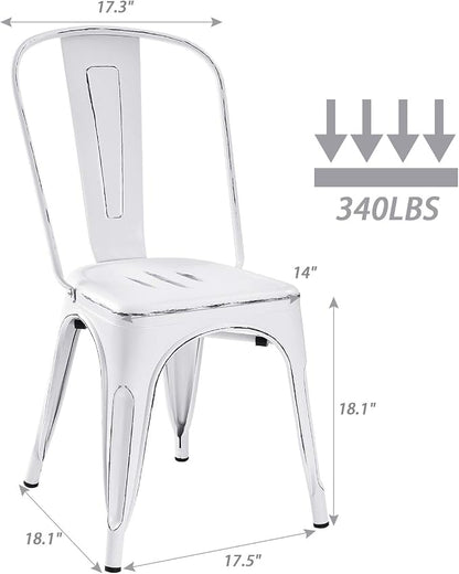 Devoko Metal Indoor-Outdoor Chairs Distressed Style Kitchen Dining Chairs Stackable Side Chair with Back Set of 4 (White)