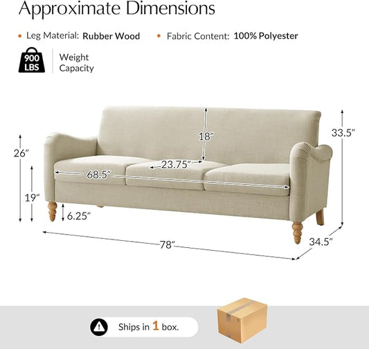 HULALA HOME Farmhouse Curved Couch with Solid Wood Spindle Legs, 3 Seater Sofa with Rolled Wide Armrests, Comfy Upholstered Sofa for Living Room Bedroom, Linen