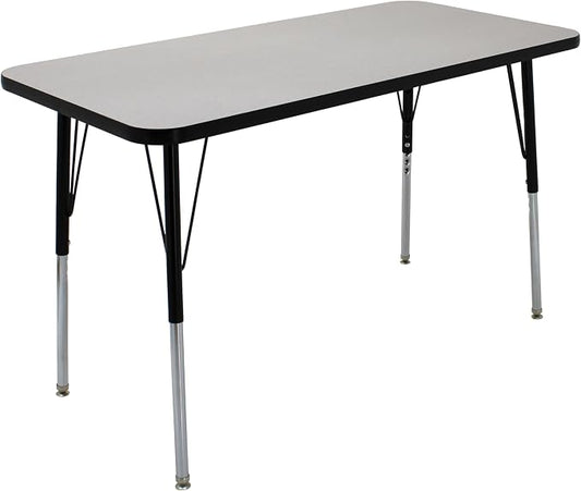 FDP Rectangle Activity School and Office Table (24 x 48 inch), Standard Legs with Swivel Glides, Adjustable Height 19-30 inches; Quick Ship Single Box - Gray Top and Black Edge
