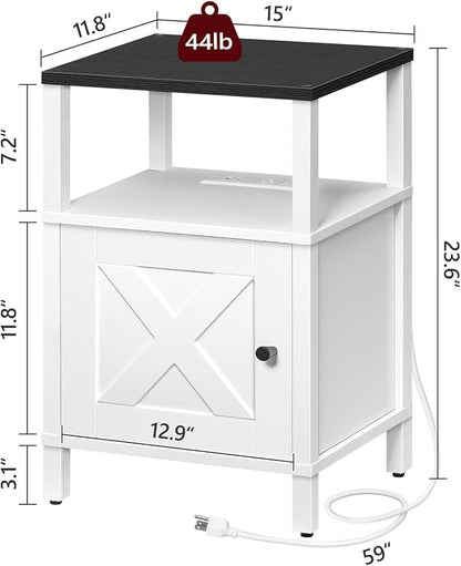 MAHANCRIS Farmhouse Nightstand with Charging Station, Barn Door End Table with USB Ports and Storage Cabinet, Bedside Table for Bedroom, Small Space, White and Black ETBW96E01