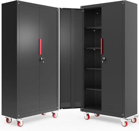 Metal Storage Cabinet with Wheels,71" Garage Cabinets with 4 Adjustable Shelves and Lockable Doors,Black Locking Cabinet Suitable for Garages,Home,Office