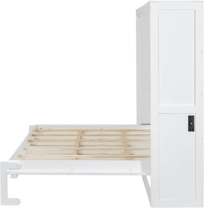 Ball & Cast Full Size Wall Cabinets Murphy Bed with Charging Station and Slat Support,Wood Hideaway Cabinet Platform Beds w/Leg & Lock,can be Folded,Space-Saving,for Small Room,Dorms,White