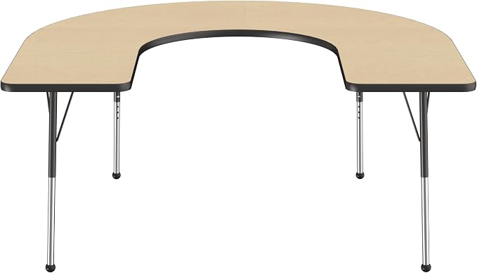 FDP Horseshoe Activity School and Office Table (60 x 66 inch), Standard Legs with Ball Glides for Collaborative Seating Environments, Adjustable Height 19-30 inches - Maple Top and Black Edge