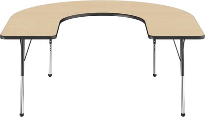 FDP Horseshoe Activity School and Office Table (60 x 66 inch), Standard Legs with Ball Glides for Collaborative Seating Environments, Adjustable Height 19-30 inches - Maple Top and Black Edge