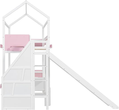 Harper & Bright Designs House Bunk Bed with Slide and Bookshelf, Twin Over Full Bunk Bed with Trundle and Stairs for Kids Teens Juniors, Space Saving, No Box Spring Needed, White+Pink