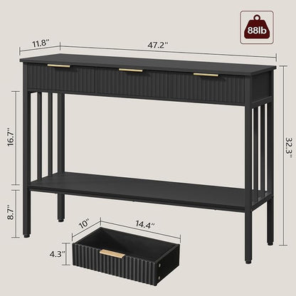 MAHANCRIS Console Table with 3 Drawers, Narrow Long Entry Table with Storage Shelf, 2-Tier Fluted Entryway Table, for Entryway, Living Room, Foyer, Hallway, Office, Black and Gold CTHB5201