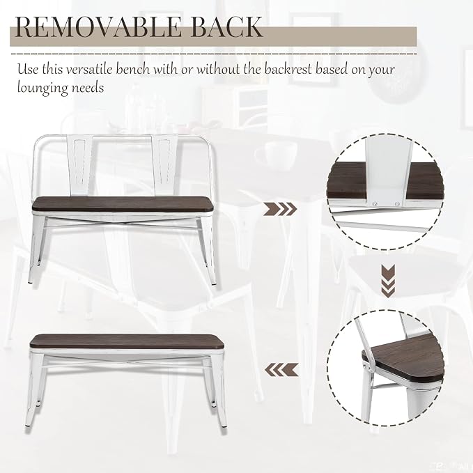YOLENY Dining Bench, Entryway Bench with Back, Farmhouse Metal Dining Bench, Industrial Mid-Century 3 Person Rustic Spindle Bench, with Wood Seat, Removable Backrest, 42in, White