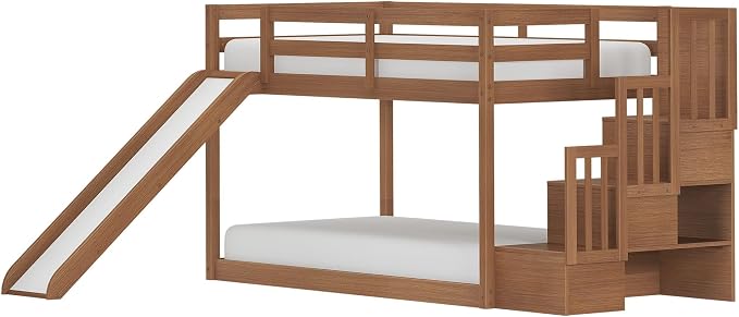 Grain & Grove Bear Twin Over Twin Bunk Bed with Slide and Staircase, Low Bunk Bed Frame for Kids, Bunk with Ladder, Guardrail, and Slats, No Box Spring Required, Oak Embossed Pecan