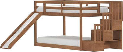 Grain & Grove Bear Twin Over Twin Bunk Bed with Slide and Staircase, Low Bunk Bed Frame for Kids, Bunk with Ladder, Guardrail, and Slats, No Box Spring Required, Oak Embossed Pecan