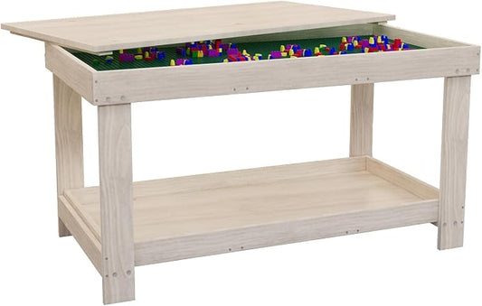 Kids Activity Table with Board and Storage Compatible with Lego, Wooden Play Table for Drawing, Building Blocks, Reading, Boys Girls Gifts