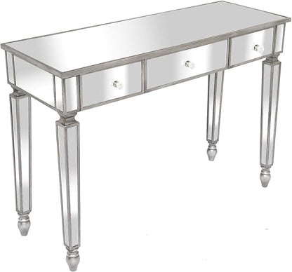 VINGLI Mirrored Vanity Desk with 3 Drawers, Modern Console/Sofa/Makeup Desk for Bedroom/Living Room/Entryway, Silver