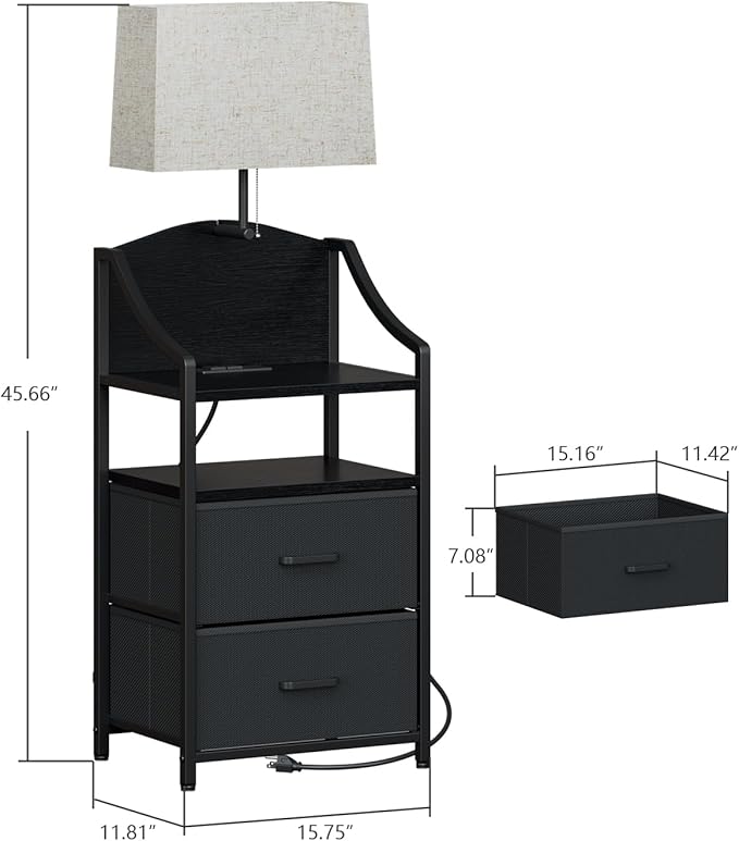 Evermagin 45" Tall Night Stand with Charging Station & Light, Nighstand with 2 Fabric Drawers & Storage Shelf, Bedside Table End Table with USB Ports and Outlets for Bedroom, Dorm, Black