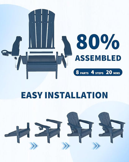 Garvee Folding Adirondack Chair Set of 4, HDPE Outdoor Patio Chair with Cup Holder, All Weather Resistent Wooden Textured for patios, Decks, Gardens, fire Pit, Navy Blue