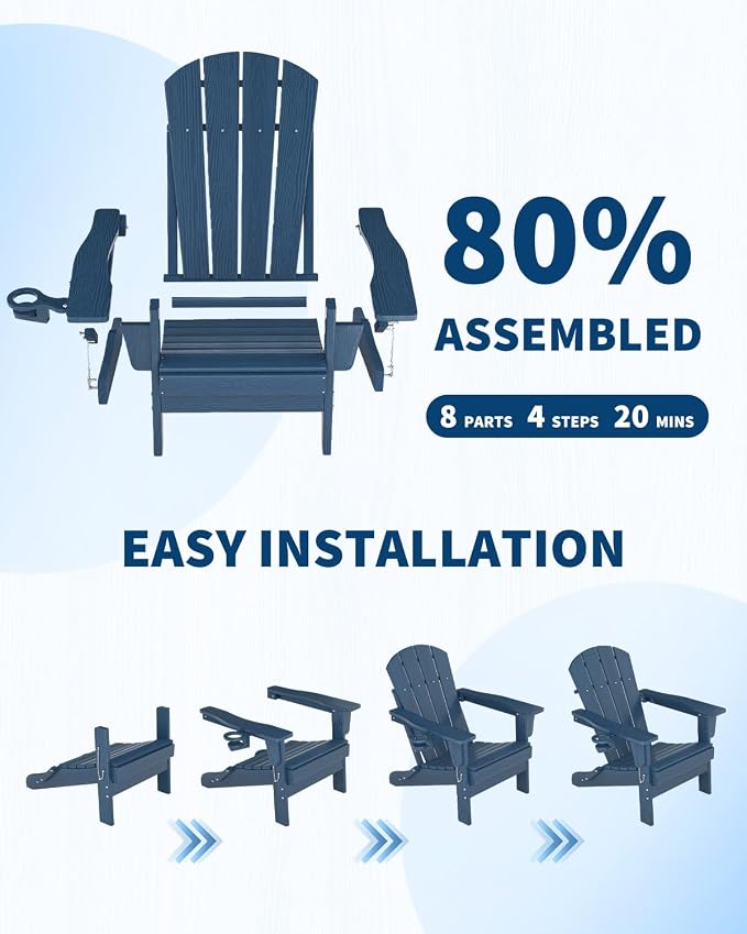 Folding Adirondack Chair Set of 5, All-Weather HDPE Outdoor Chair, Wooden Textured with Cup Holder for patios, Decks, Gardens, fire pits, Navy Blue