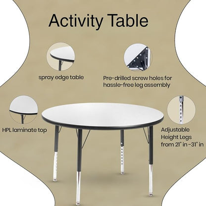 Schooled Round Activity Kids Table About 36 inch (90cm) - Height Adjustable Legs - Durable Spray Edge - for Commercial Spaces