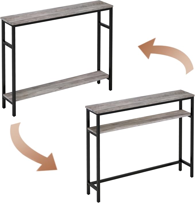 Timberer Narrow Console Table, 39.4” Sofa Table with Adjustable Shelf, 2-Tier Long Skinny Table for Hallway, Entryway, Living Room, Foyer, Grey