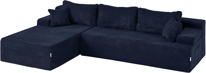 Hobestluk Modular Sectional Sofa Couches L-Shape Couch 3 Seat Modular Sofa Memory Foam Sectional Couches for Living Room, Cloud Couch with Oversized Chaise (Blue Corduroy, 108", Left Hand Facing)