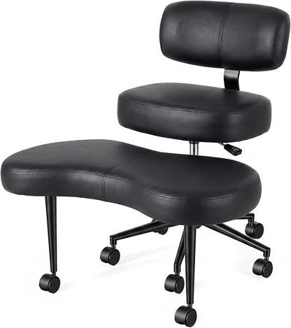 DUMOS Ergonomic ADHD Cross Legged Office Desk Chair with Adjustable Backrest, Height Adjustable Meditation Chair with 360° Swivel Footstool, PU Leather Yoga Stool for Home Office, Black