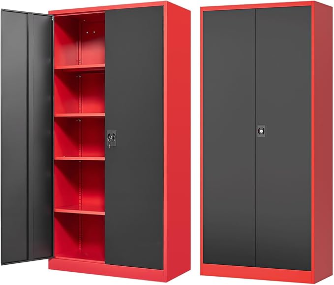 Fesbos Metal Storage Cabinet-72” Tall Steel File Cabinets with Lockable Doors and Adjustable Shelves-Black&Red Steel Storage Cabinet for Kitchen, Office, Garage