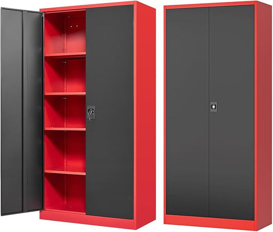 Fesbos Metal Storage Cabinet-72” Tall Steel File Cabinets with Lockable Doors and Adjustable Shelves-Black&Red Steel Storage Cabinet for Kitchen, Office, Garage