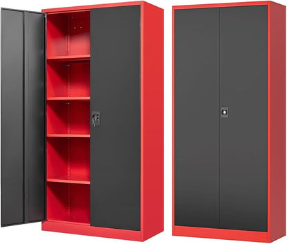 Fesbos Metal Storage Cabinet-71” Tall Steel File Cabinets with Lockable Doors and Adjustable Shelves-Black&Red Steel Storage Cabinet for Home,Kitchen, School, Office, Garage