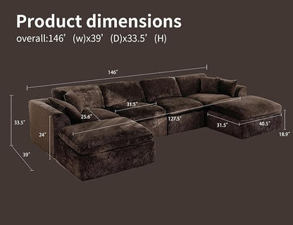 146" Modular Sectional Sofa – Modern Cloud Couch with Deep Chenille Seats, U-Shaped Boneless Sofa, Pet-Friendly, No Assembly, Brown (4 Seater + 2 Ottoman)