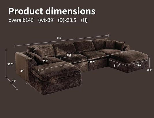 146" Modular Sectional Sofa – Modern Cloud Couch with Deep Chenille Seats, U-Shaped Boneless Sofa, Pet-Friendly, No Assembly, Brown (4 Seater + 2 Ottoman)