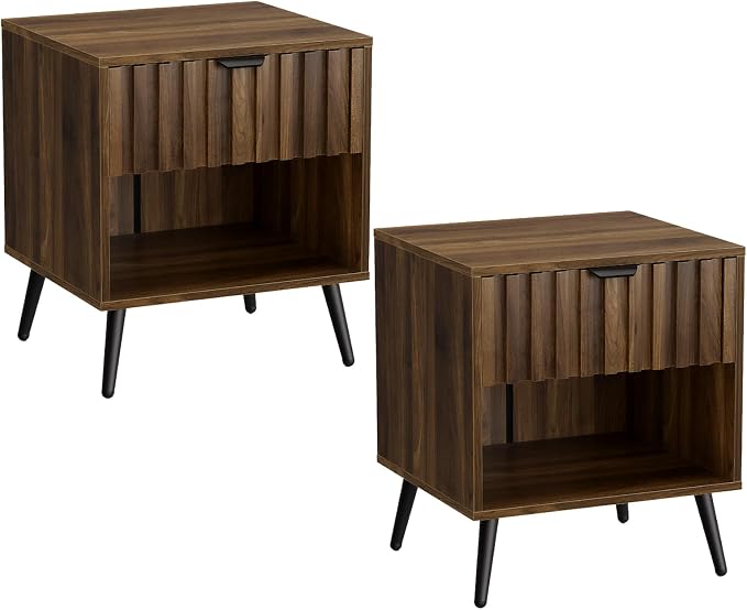 Smuxee Walnut Wooden Night Stand Set of 2, Mid Century Nightstand with Fluted Drawer, Bedside Table with Open Shelf, Modern End Side Table for Bedroom