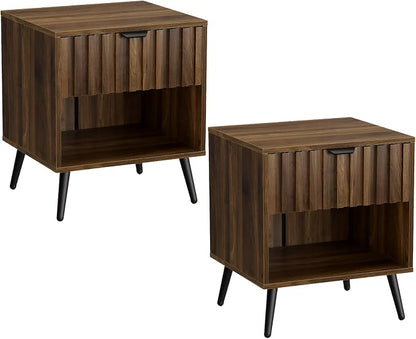 Smuxee Walnut Wooden Night Stand Set of 2, Mid Century Nightstand with Fluted Drawer, Bedside Table with Open Shelf, Modern End Side Table for Bedroom