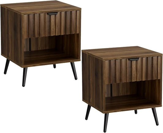 Smuxee Walnut Wooden Night Stand Set of 2, Mid Century Nightstand with Fluted Drawer, Bedside Table with Open Shelf, Modern End Side Table for Bedroom