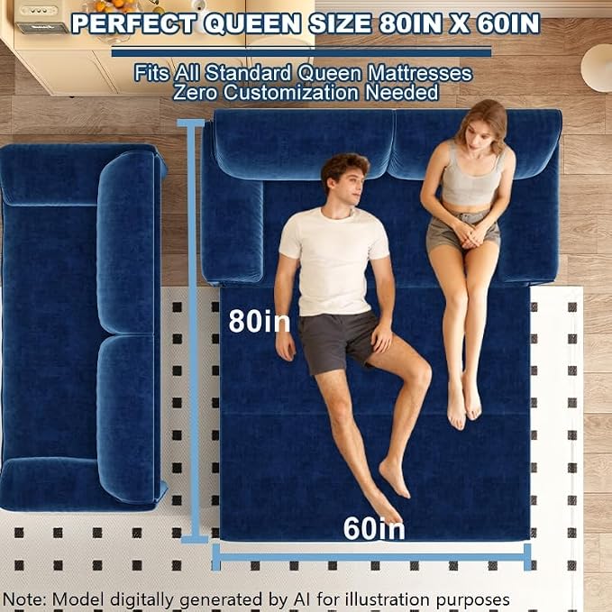 66" Sofa Bed Queen Size, Pull Out Couch Bed, 3-in-1 Convertible Sleeper Sofa with Side Pocket, Modern Velvet Futon Couch for Living Room, Small Space, Apartment, Bedroom, Blue