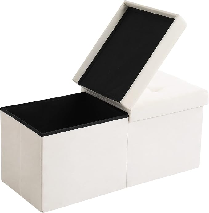 Storage Ottoman Bench Foldable Seat Footrest Shoe Bench End of Bed Storage with Flipping Lid, 75L Storage Space, 30 inches Velvet Cream