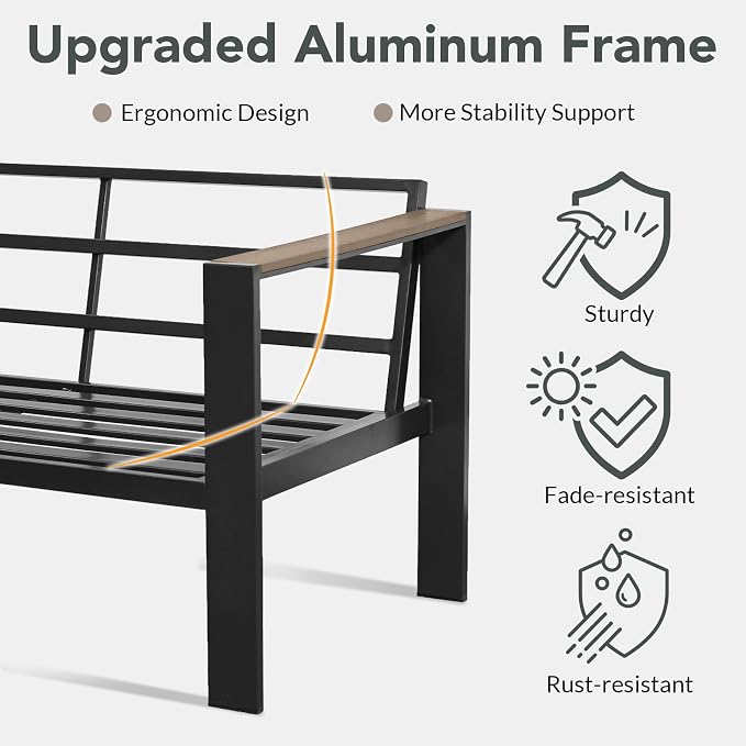 Patio Furniture Set Loveseat and Coffee Table All-Weather Patio Sofa with Washable Thick Cushions, Deluxe Aluminum Modern Outside Sectional for Porch, Balcony, Deck, Yard, Light Gray