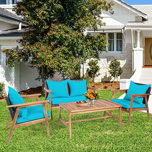 Tangkula 4-Piece Patio Furniture Set, Outdoor Acacia Wood Conversation Set with Cushions and Coffee Table, Outdoor PE Wicker Sectional Sofa Set for Garden, Poolside and Backyard (1, Turquoise)