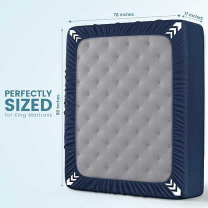 King Size Mattress Protector Waterproof, Premium 200 GSM Terry Mattress Cover, Soft & Breathable Bed Cover, Fitted Sheet Style Stretchable Deep Pockets 17" by Utopia Bedding (Navy Blue)