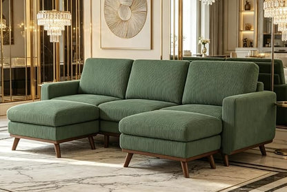 Convertible U-Shaped Corduroy Sectional Sofa, 3-Seater Couch with 2 Ottomans, FSC Solid Wood Frame, Spring Cushions, Green