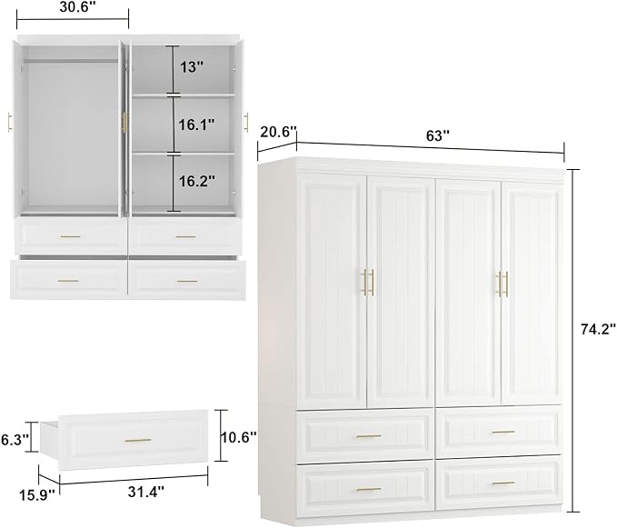 AIEGLE 4-Door Armoire Wardrobe Closet with Drawers, White Coat Closet with Doors, Modern Tall Wardrobe Cabinet Closet with Hanging Rod for Bedroom, Freestanding, White, 20.6" D x 63" W x 74.2" H