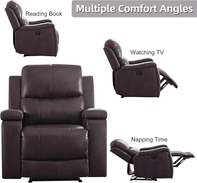 CANMOV Manual Recliner Chair, Classic Faux Leather Recliner Chair with Overstuffed Arms and Back, Manual Single Sofa with Concealed Cup Holders, Dark Brown