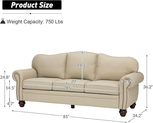 81" Genuine Leather Sofa, Classic 3-Seater Couchs with Wood Legs, Stylish & Comfortable Sofa for Living Room or Office, Easy Assembly Maintain & Long-Lasting, Beige