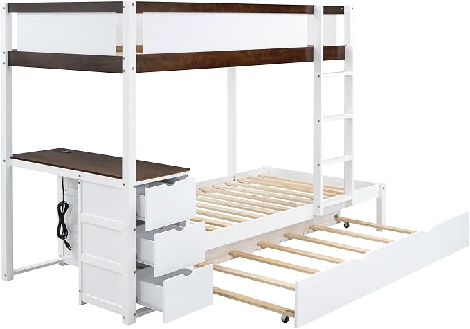 Ball & Cast Twin-Over-Twin Bunk Bed with Twin Size Trundle,Solid Wood Bedframe W/Desk & Drawers,USB,Space Saving,Easy Assembly,Multifunctional Bedroom Furniture Set for Boys Girls Teens,White+Walnut