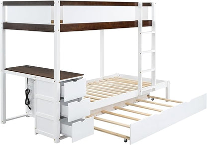 Ball & Cast Twin-Over-Twin Bunk Bed with Twin Size Trundle,Solid Wood Bedframe W/Desk & Drawers,USB,Space Saving,Easy Assembly,Multifunctional Bedroom Furniture Set for Boys Girls Teens,White+Walnut