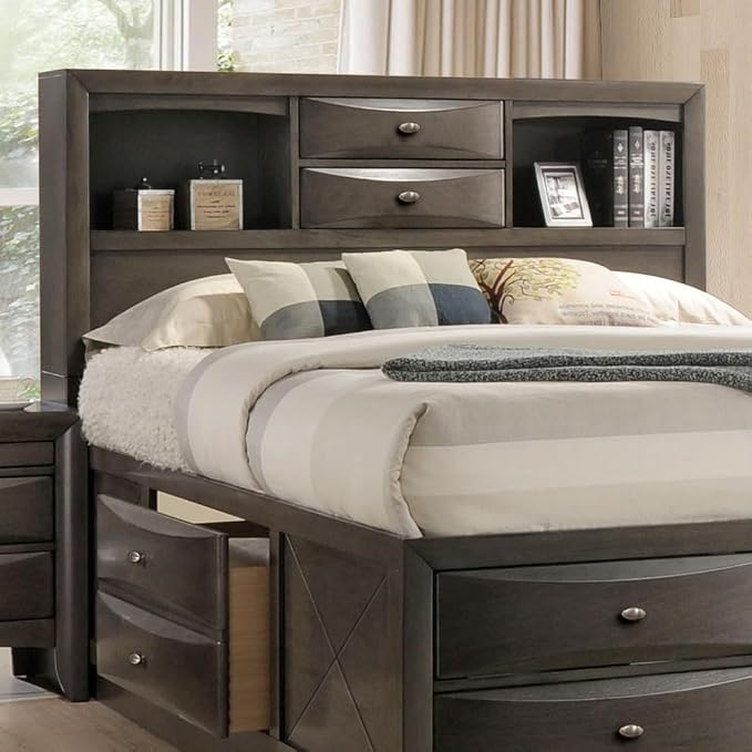 Furniture of America Darius Transitional Solid Wood 3-Piece King Platform Bedroom Set with Drawers, Bookcase Headboard and Knob Pulls, Mattress Ready, Gray