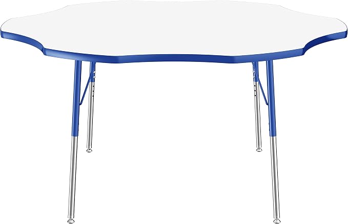 FDP Dry-Erase Flower Activity School and Office Table (60 inch), Standard Legs with Swivel Glides for Collaborative Spaces, Adjustable Height 19-30 inches - Whiteboard Top, Blue Edge and Blue Legs