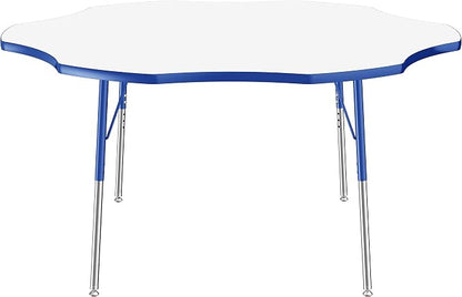 FDP Dry-Erase Flower Activity School and Office Table (60 inch), Standard Legs with Swivel Glides for Collaborative Spaces, Adjustable Height 19-30 inches - Whiteboard Top, Blue Edge and Blue Legs