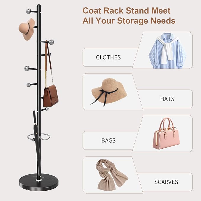 Modern Metal Coat Rack Stand, Coat Rack Freestanding with Natural Marble Base, Sturdy Heavy Duty Coat Racks with 8 Hooks, Black Coat Hall Tree Stand for Entryway, Office