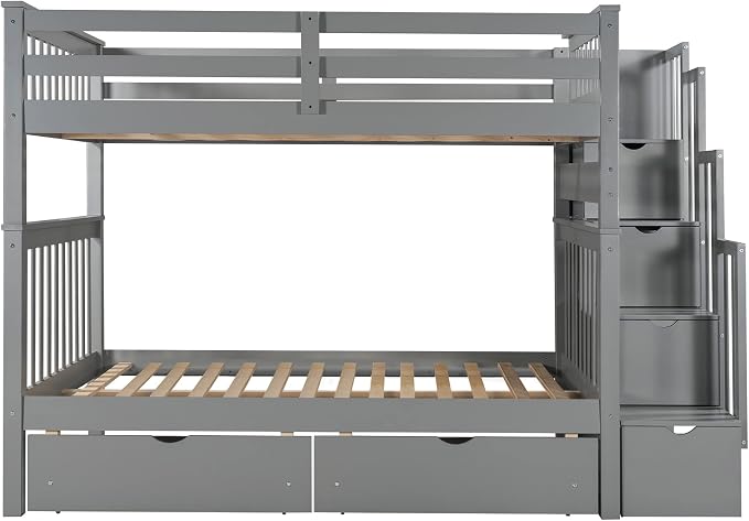 RUNNA Full Over Full Bunk Bed, Convertible, Storage Stairs Gray | Full over full bunk bed, convertible split design, storage stairs, solid pine wood, guardrails, no box spring needed,Gray