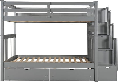 RUNNA Full Over Full Bunk Bed, Convertible, Storage Stairs Gray | Full over full bunk bed, convertible split design, storage stairs, solid pine wood, guardrails, no box spring needed,Gray
