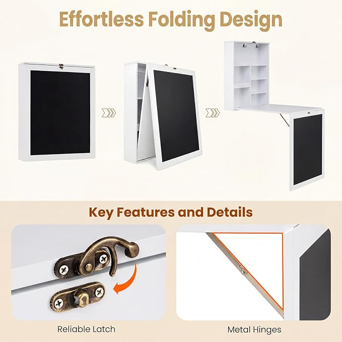 Tangkula Foldable Wall-Mounted Desk, Floating Desk with Chalkboard, Storage Shelves & Hooks, Space-Saving Murphy Table for Home Office, Bedroom, Dorm Room, Small Spaces